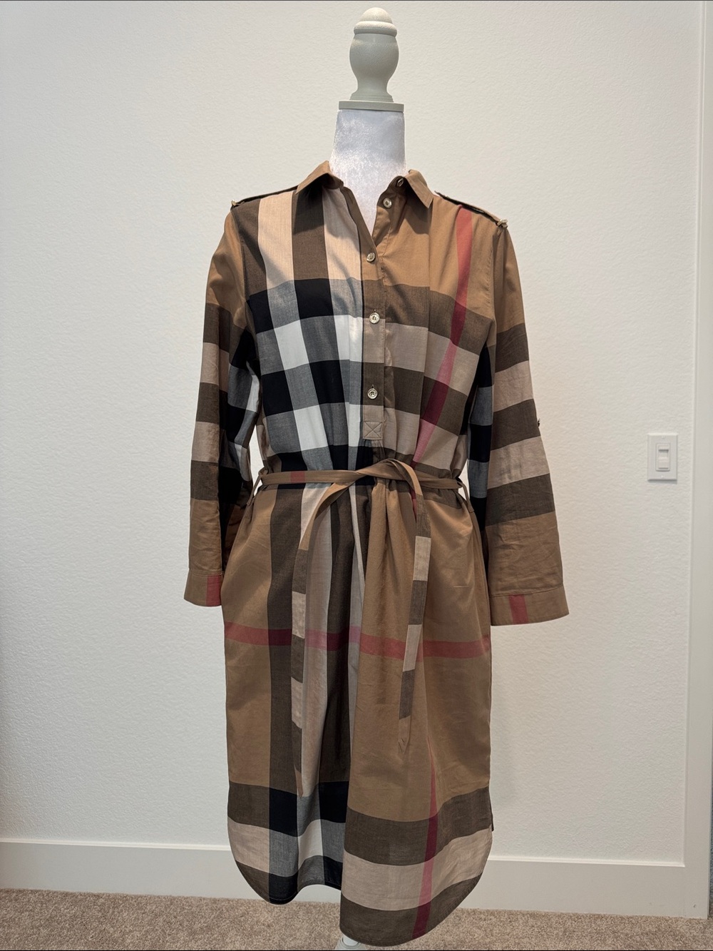 Burberry Brown, Black & Cream Plaid Midi Shirt Dress